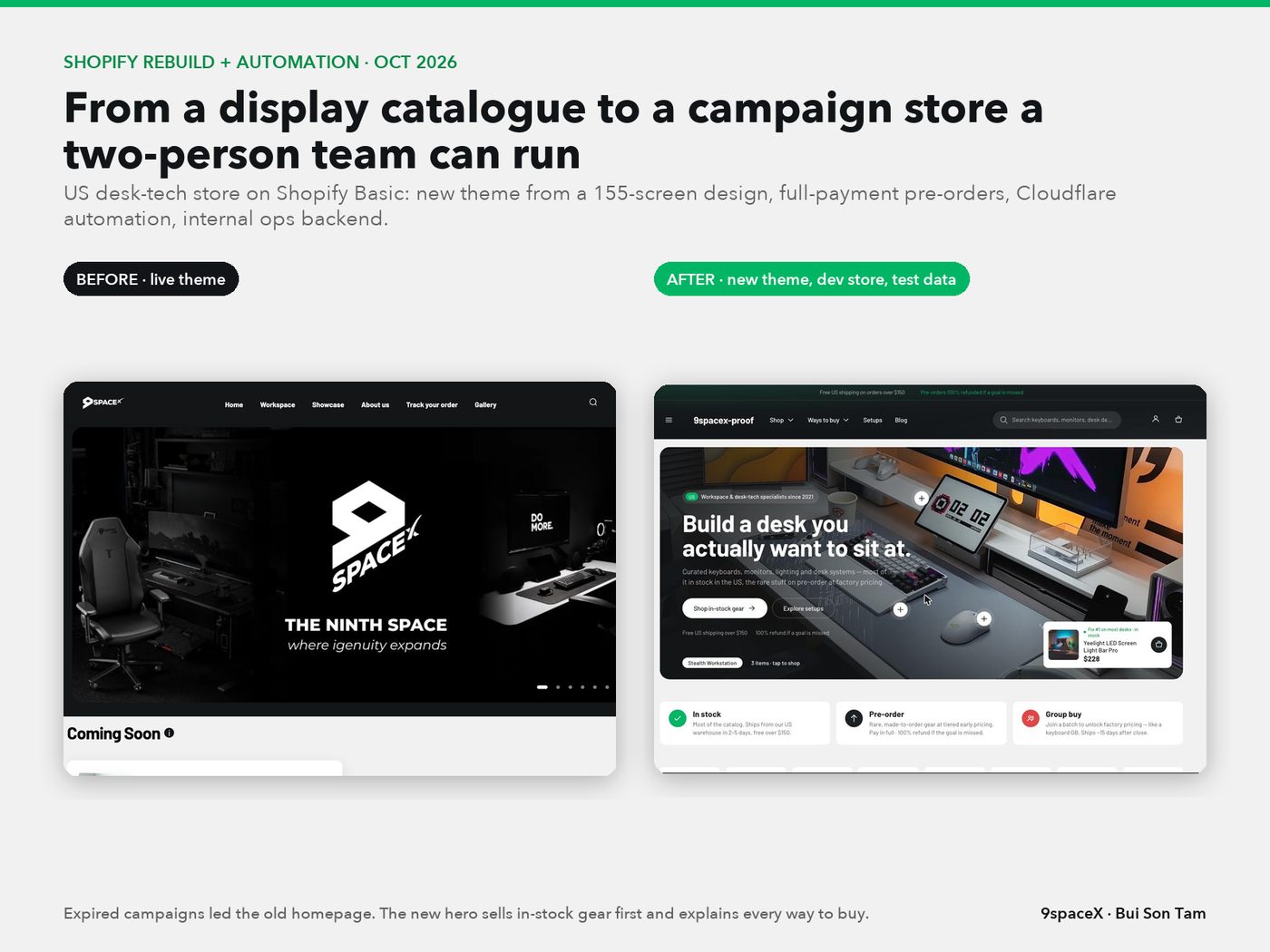 9spaceX before and after: the live theme and the new home page on a development store