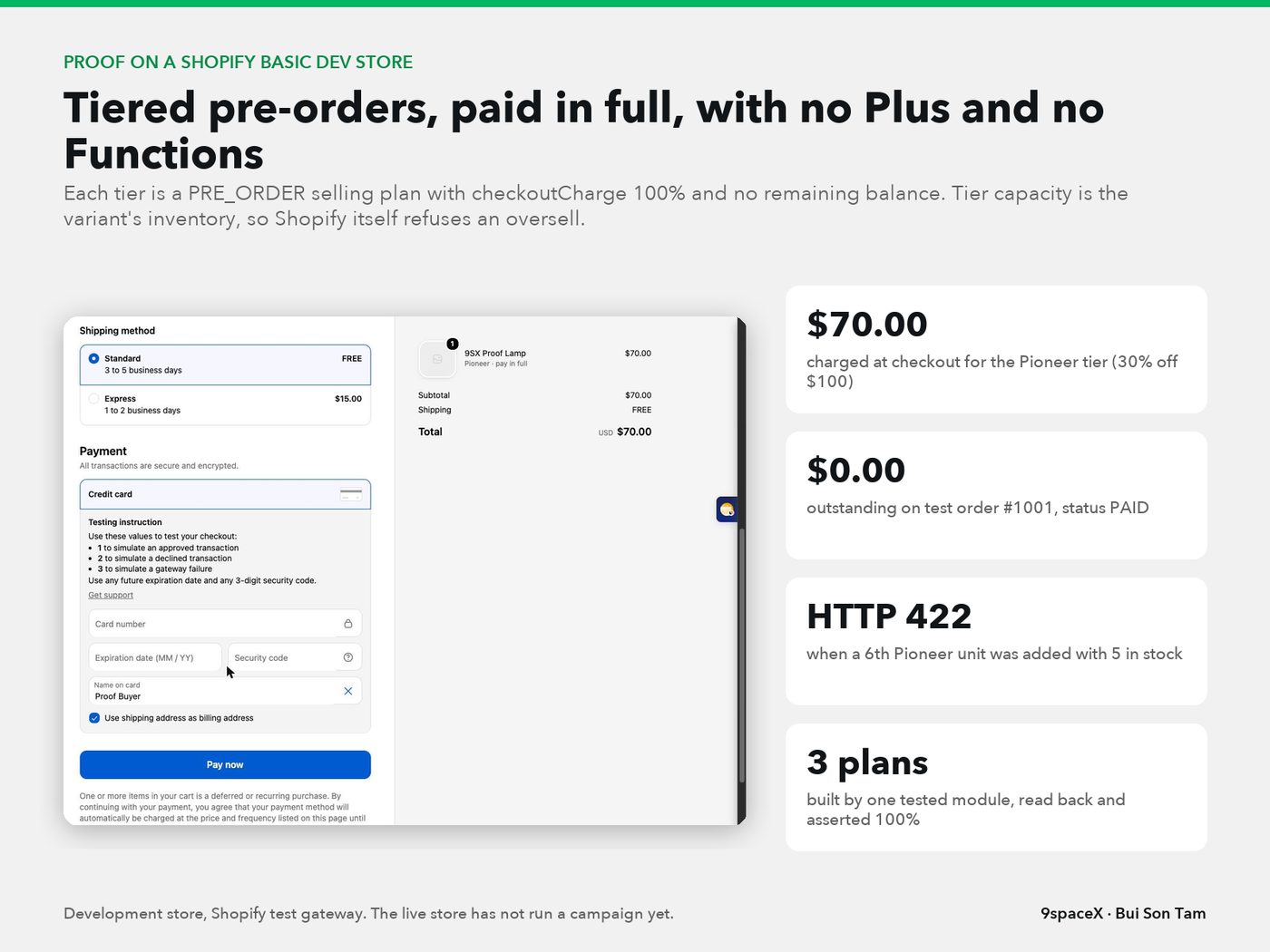 A three-tier pre-order paid in full on Shopify Basic, test order on a development store